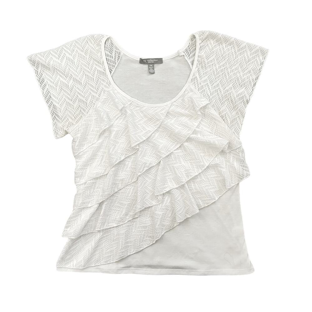 Ny Collection White Lace Ruffle Short Sleeve Shirt Womens Size PM